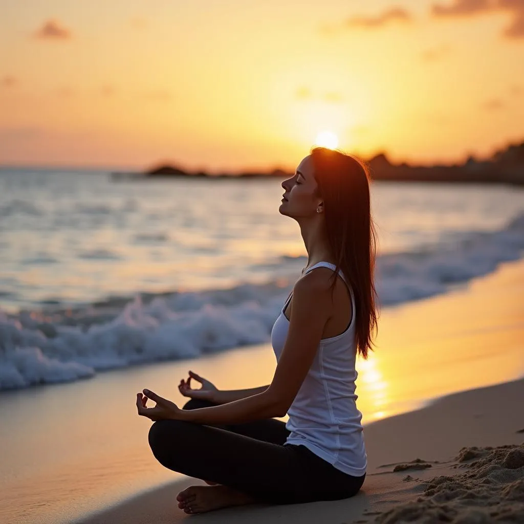 Woman Meditating on Beach