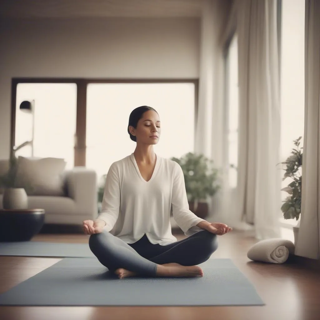 Woman Meditating in Hotel Room