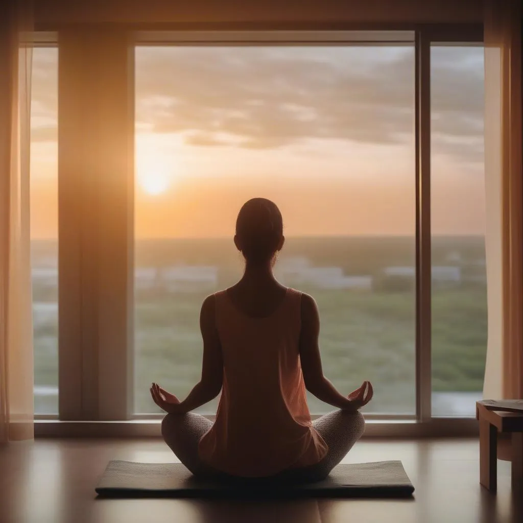 Woman meditating in hotel room with sunrise view