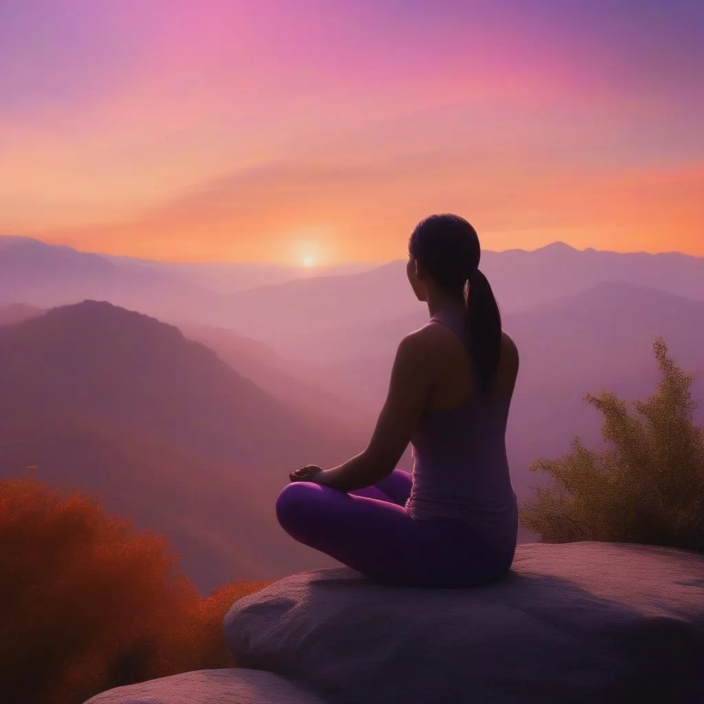 Woman meditating on a mountaintop at sunrise