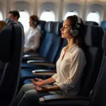 Woman meditating on airplane