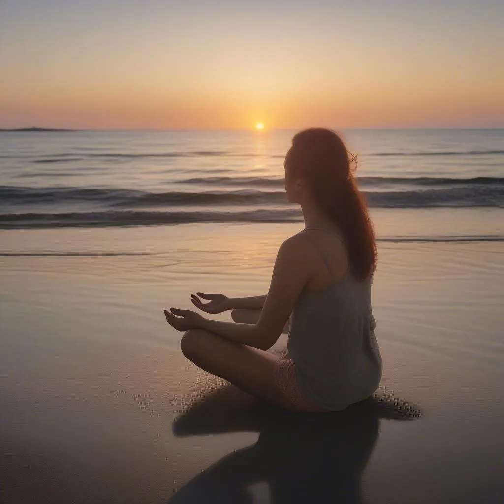 Woman meditating on peaceful beach