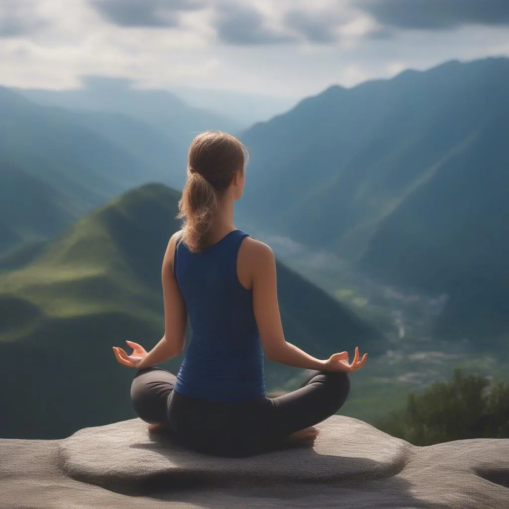 Woman Meditating on a Serene Mountain Top