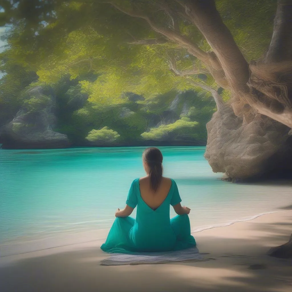 Woman Meditating on Tropical Beach