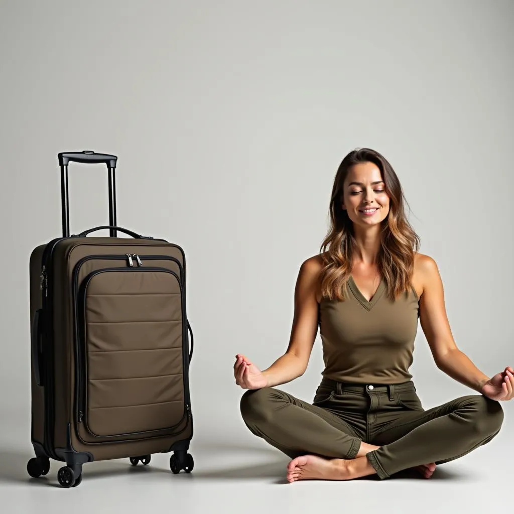 Woman meditating with a suitcase