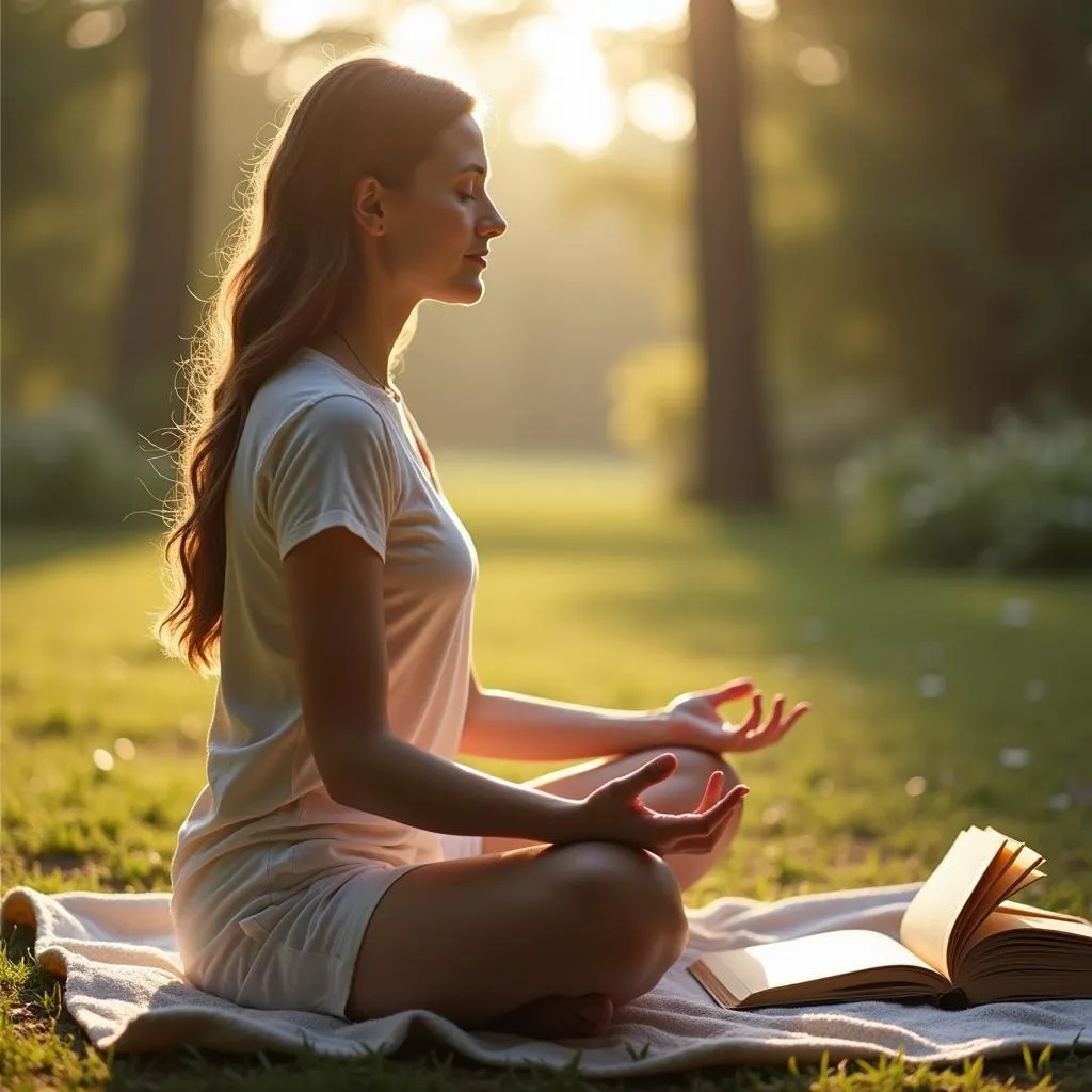 Woman meditating and reflecting on her dreams with a journal