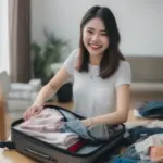 Woman Packing a Suitcase for Hanoi Trip