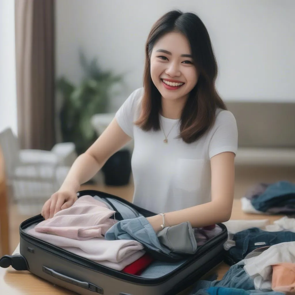 Woman Packing a Suitcase for Hanoi Trip