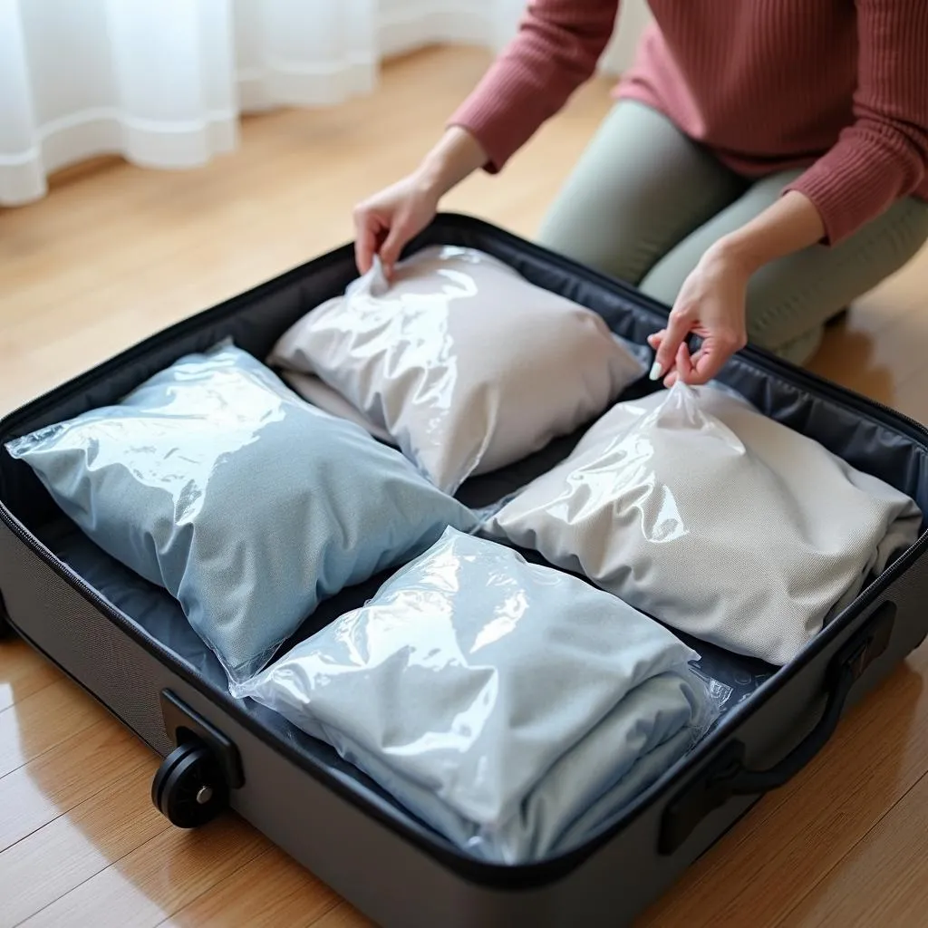 Woman Packing Clothes in Suitcase