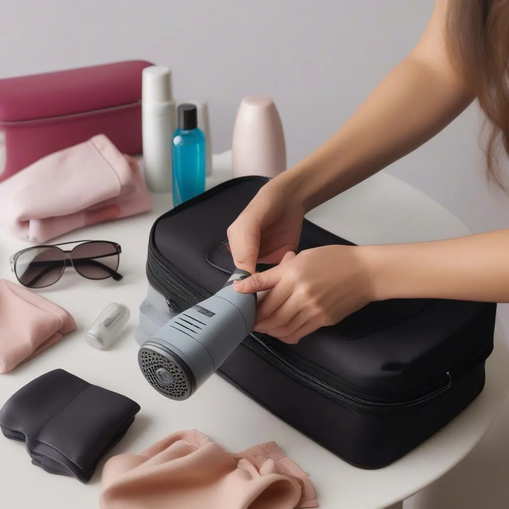 Packing a travel hair dryer in a suitcase