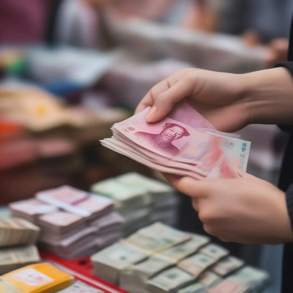 Woman paying with Chinese Yuan at a market