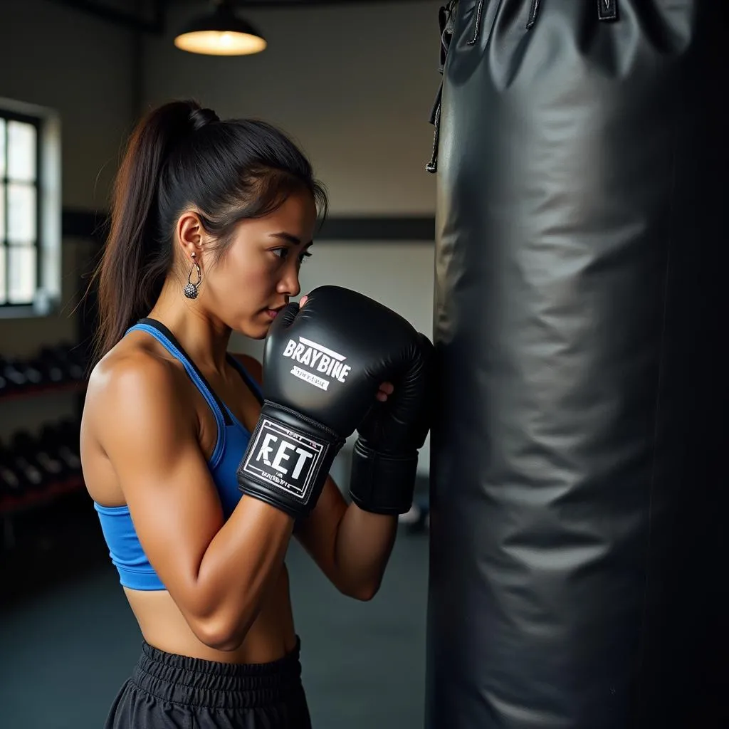 Woman Practicing Boxing with Punching Bag