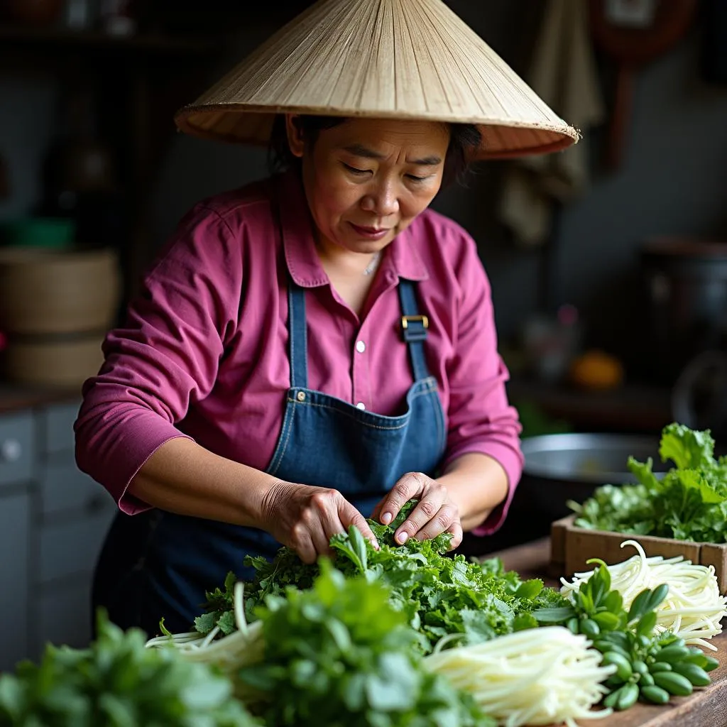 Woman Preparing Pickled Mustard Greens