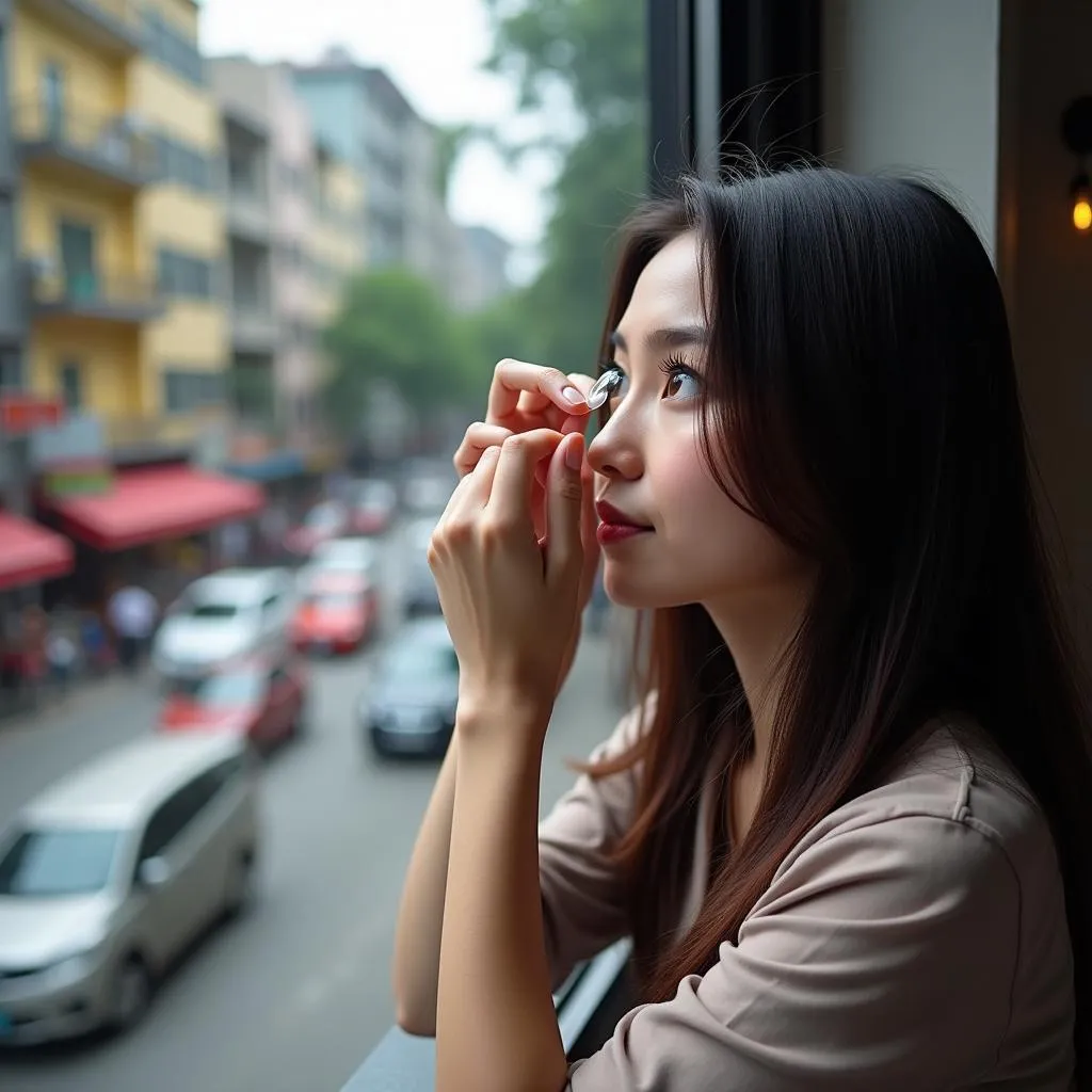 Woman putting in a contact lens in Hanoi