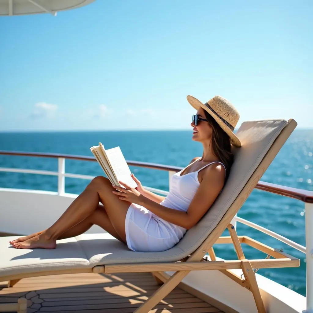 Woman reading a book on a ship deck