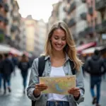 Woman reading a map on a bustling city street