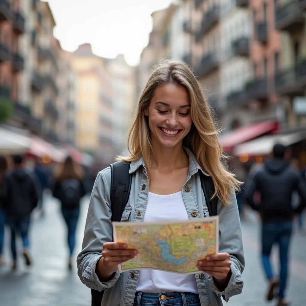 Woman reading a map on a bustling city street