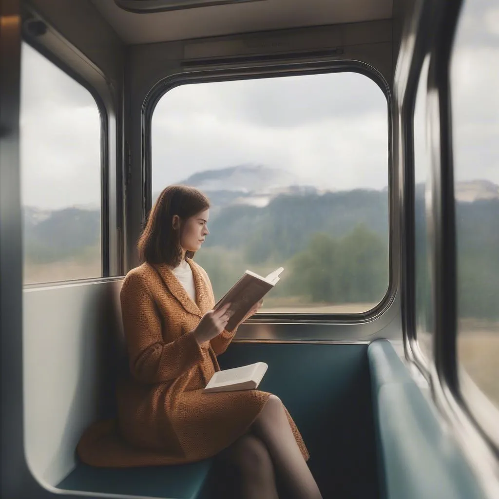 Woman enjoying a book on a train