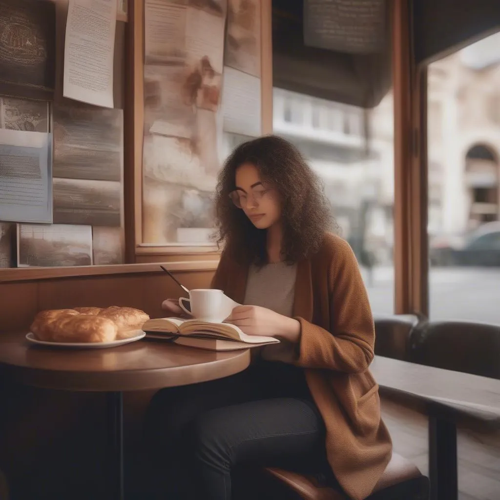 Woman reading a travel book in a cafe