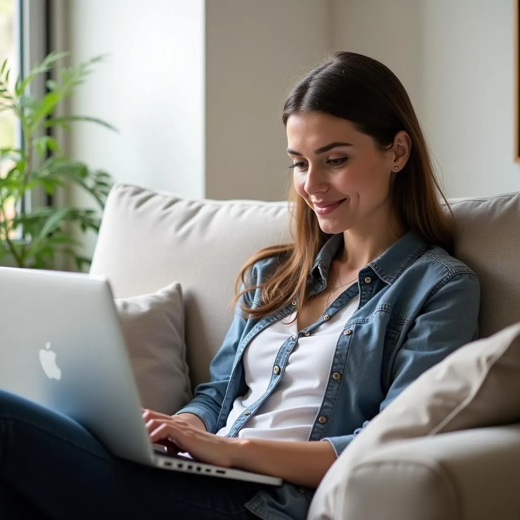 Woman relaxing on couch with laptop