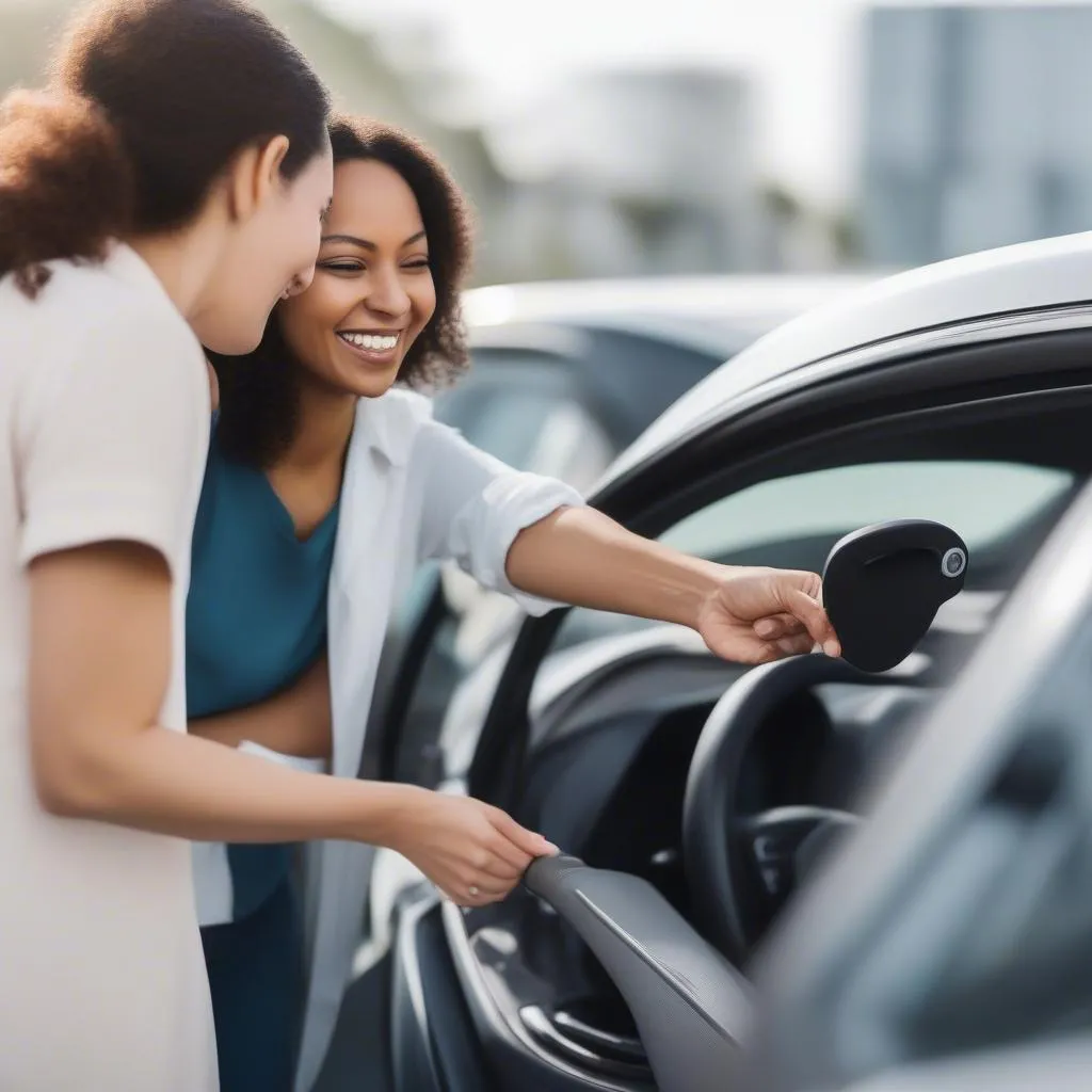 Woman smiling while receiving the keys to her electric rental car