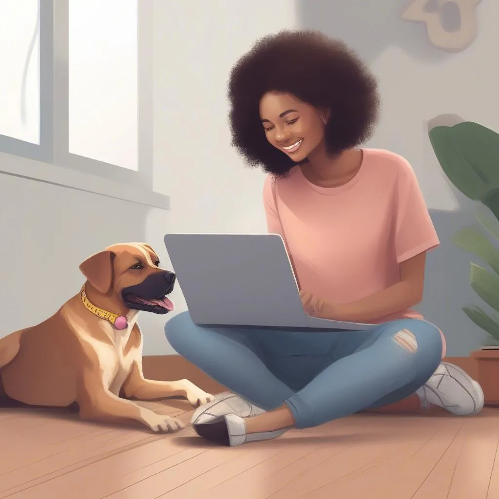 Woman researching dog boarding options on her laptop