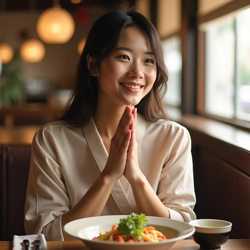 Woman saying &quot;Gochisousama deshita&quot; after a meal at a Japanese restaurant