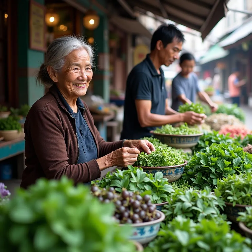 Woman Shopping for Fresh Herbs in Hanoi Market