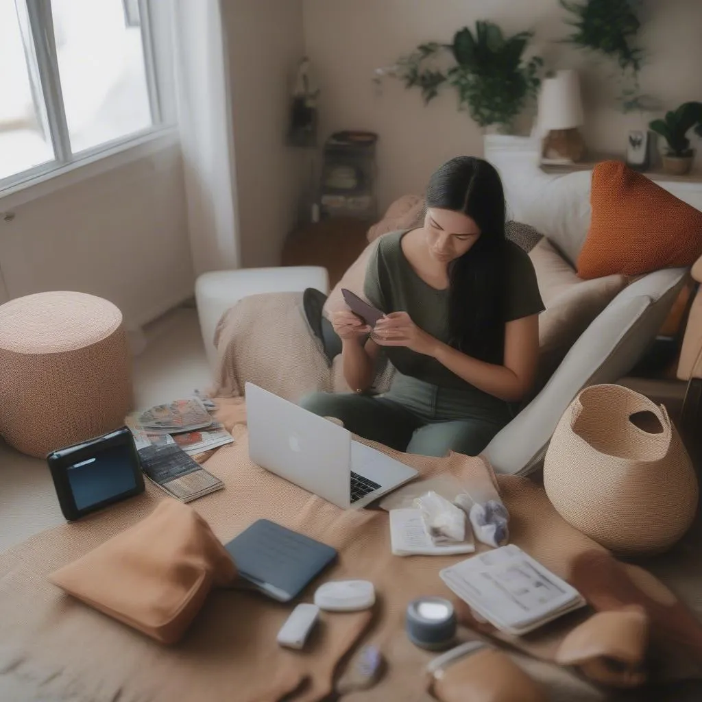 Woman shopping online for travel essentials.