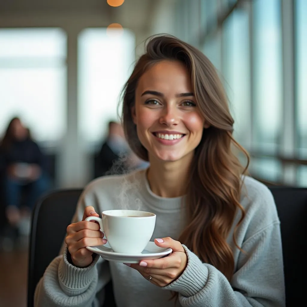 Woman Sipping Tea at Airport