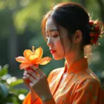 Woman Smelling Xoan Orange Flower in Hanoi