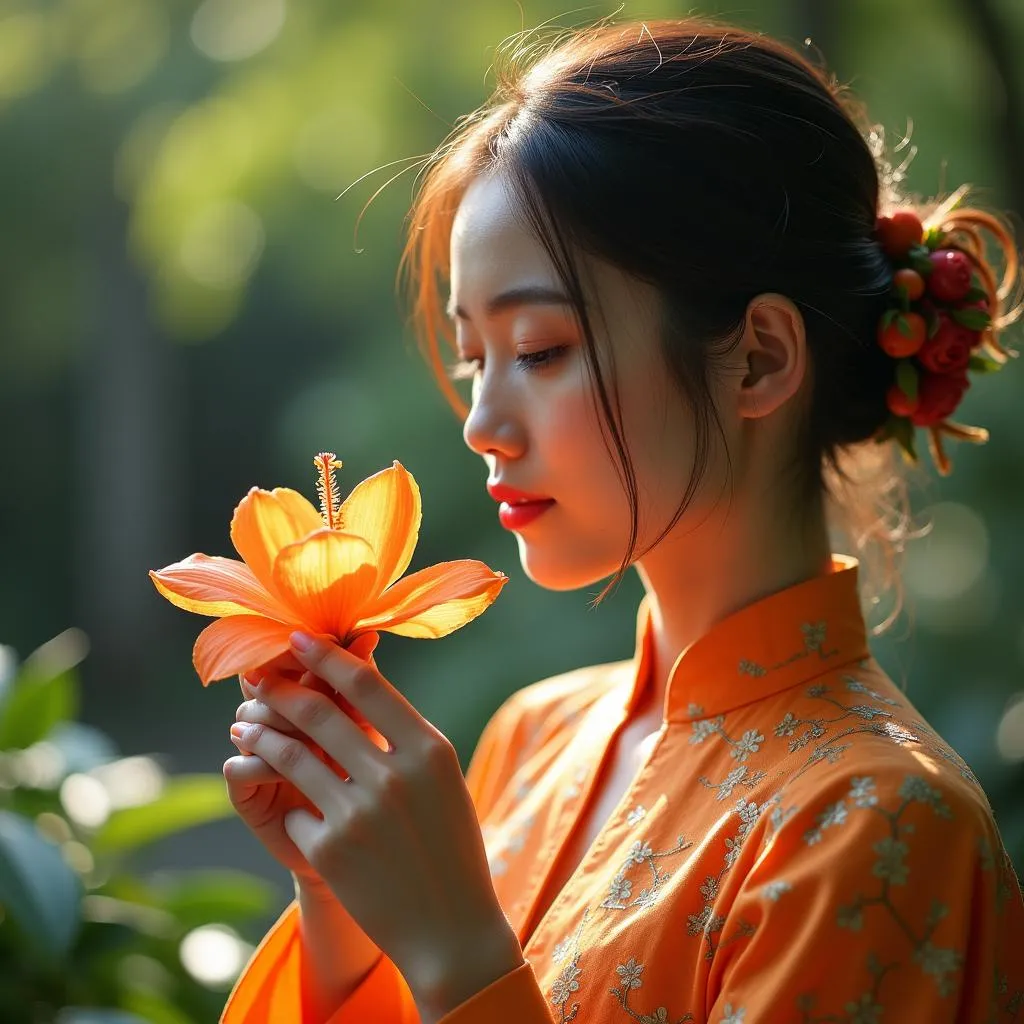 Woman Smelling Xoan Orange Flower in Hanoi