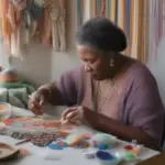 Woman stringing beads at table