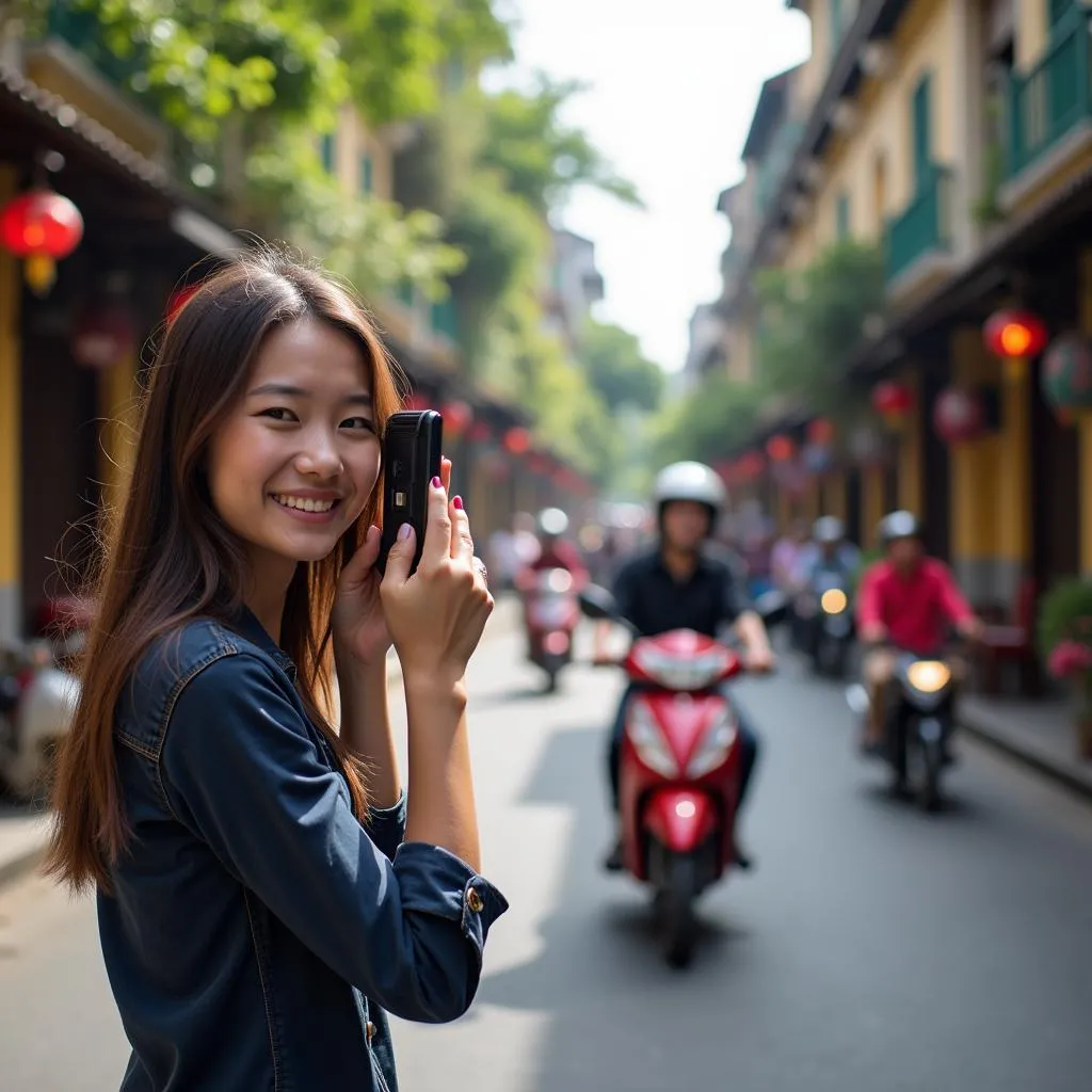 Woman Taking 3D Photo in Hanoi's Old Quarter