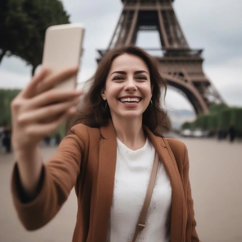 Woman Taking Photo Eiffel Tower