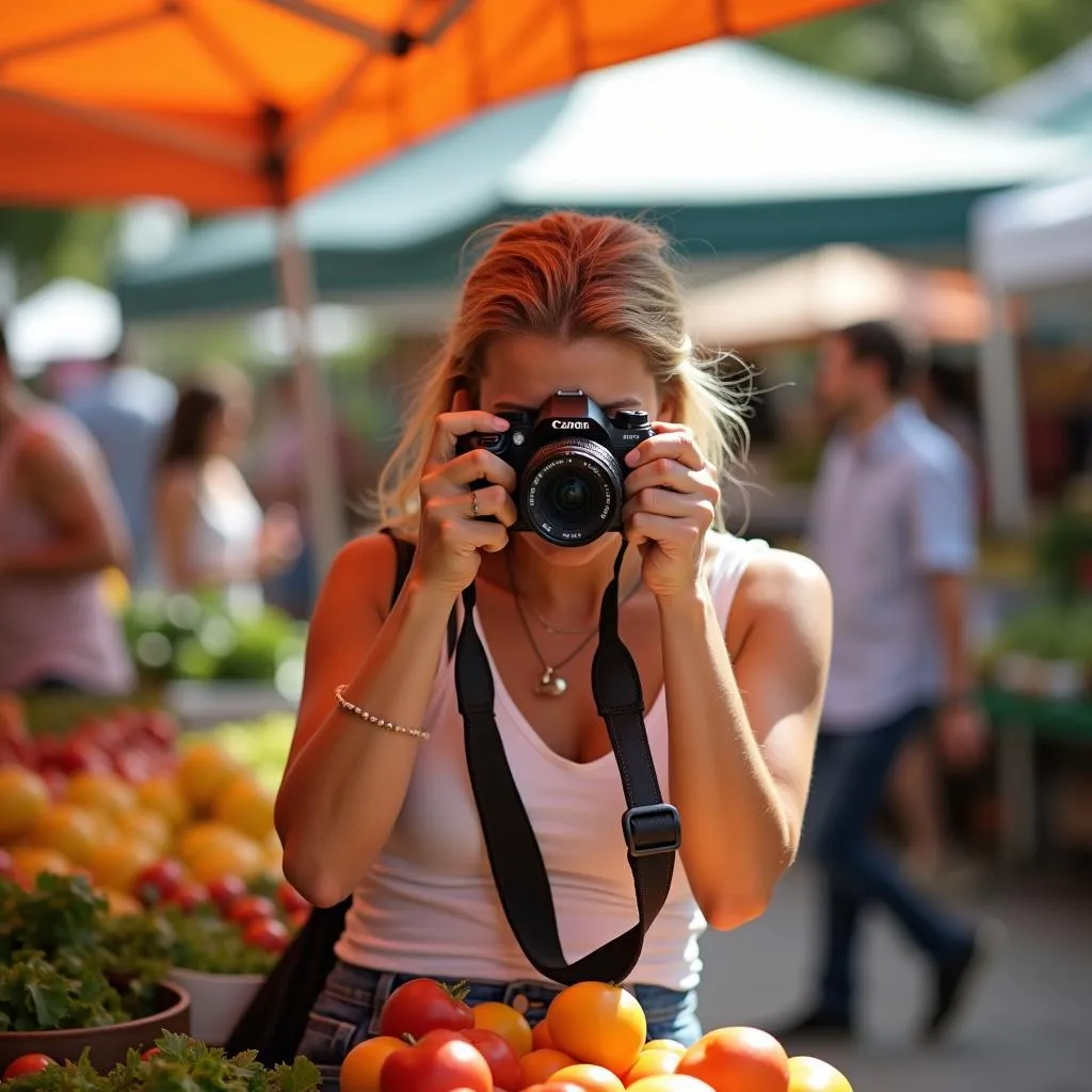 Woman taking pictures at a local market