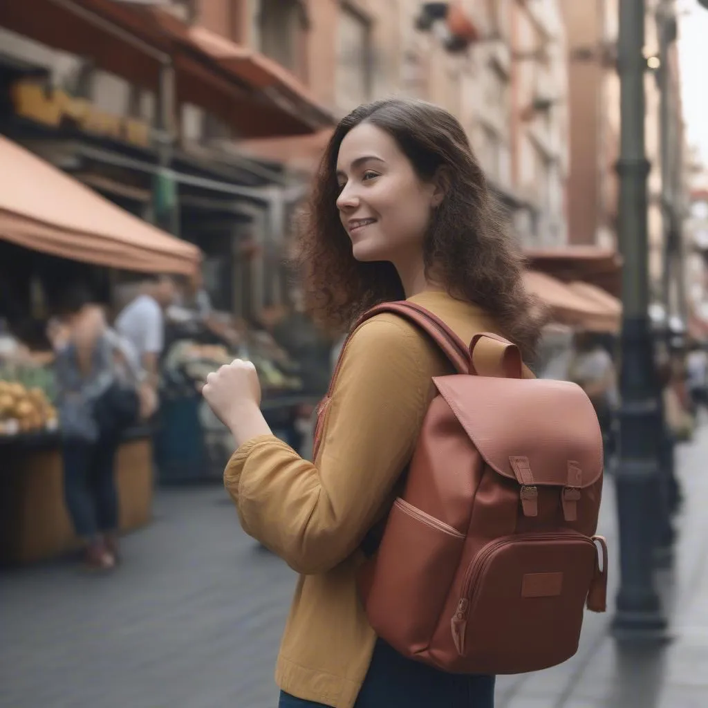 Woman traveling with an A New Day backpack