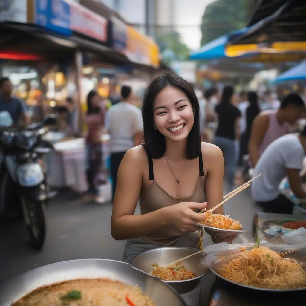 Woman Trying Street Food