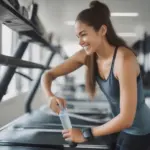 woman tying her running shoes on treadmill