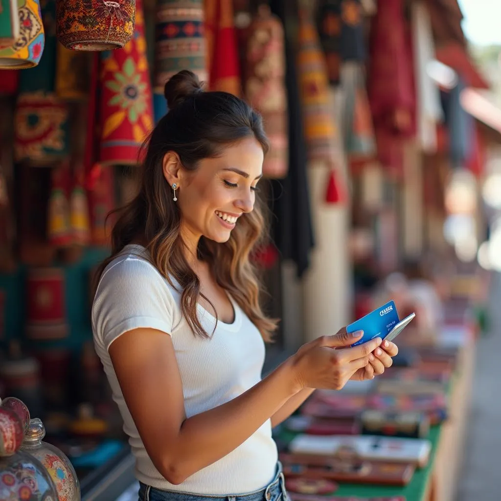 Woman using Chase credit card at a souvenir shop