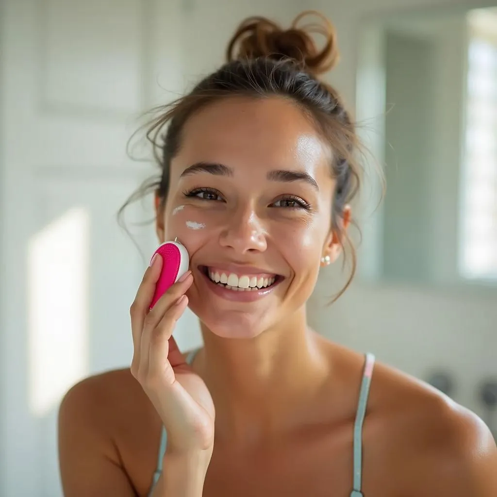 Woman using FOREO Luna mini 3 in bathroom