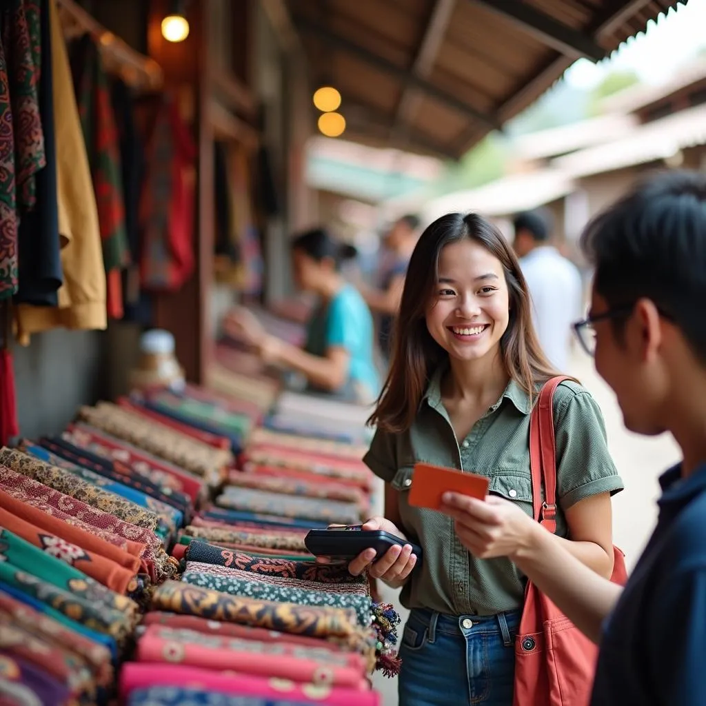 Woman using a prepaid card at a market abroad