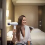 Woman using a travel hair dryer