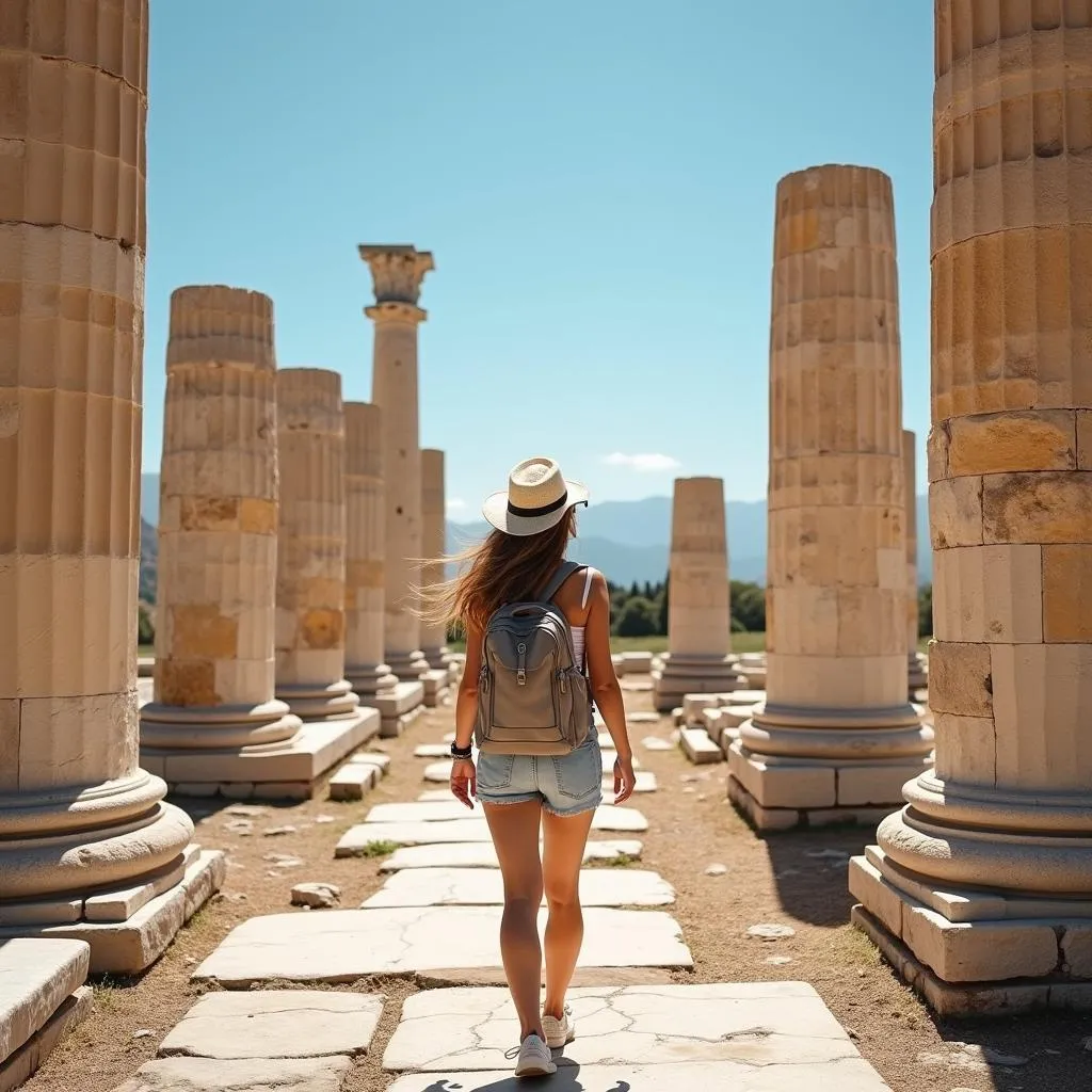 Woman Exploring Ancient Greek Ruins