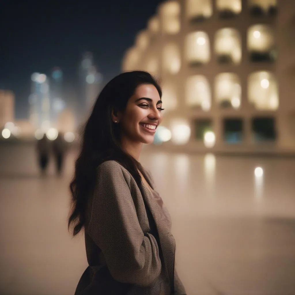 Woman walking in Doha at night