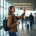 Woman waving goodbye at airport