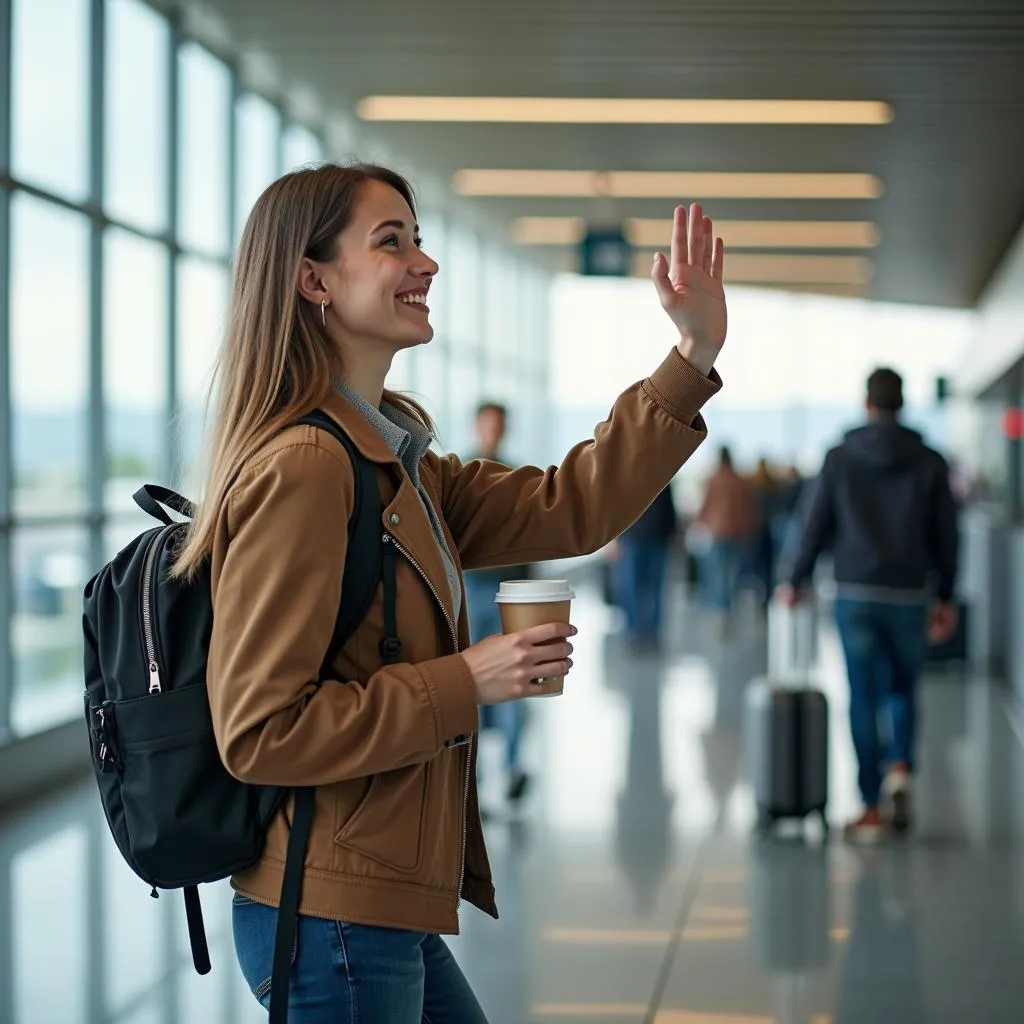 Woman waving goodbye at airport