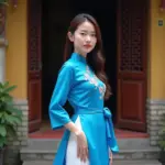 Woman wearing áo xoắn eo in Hanoi Old Quarter