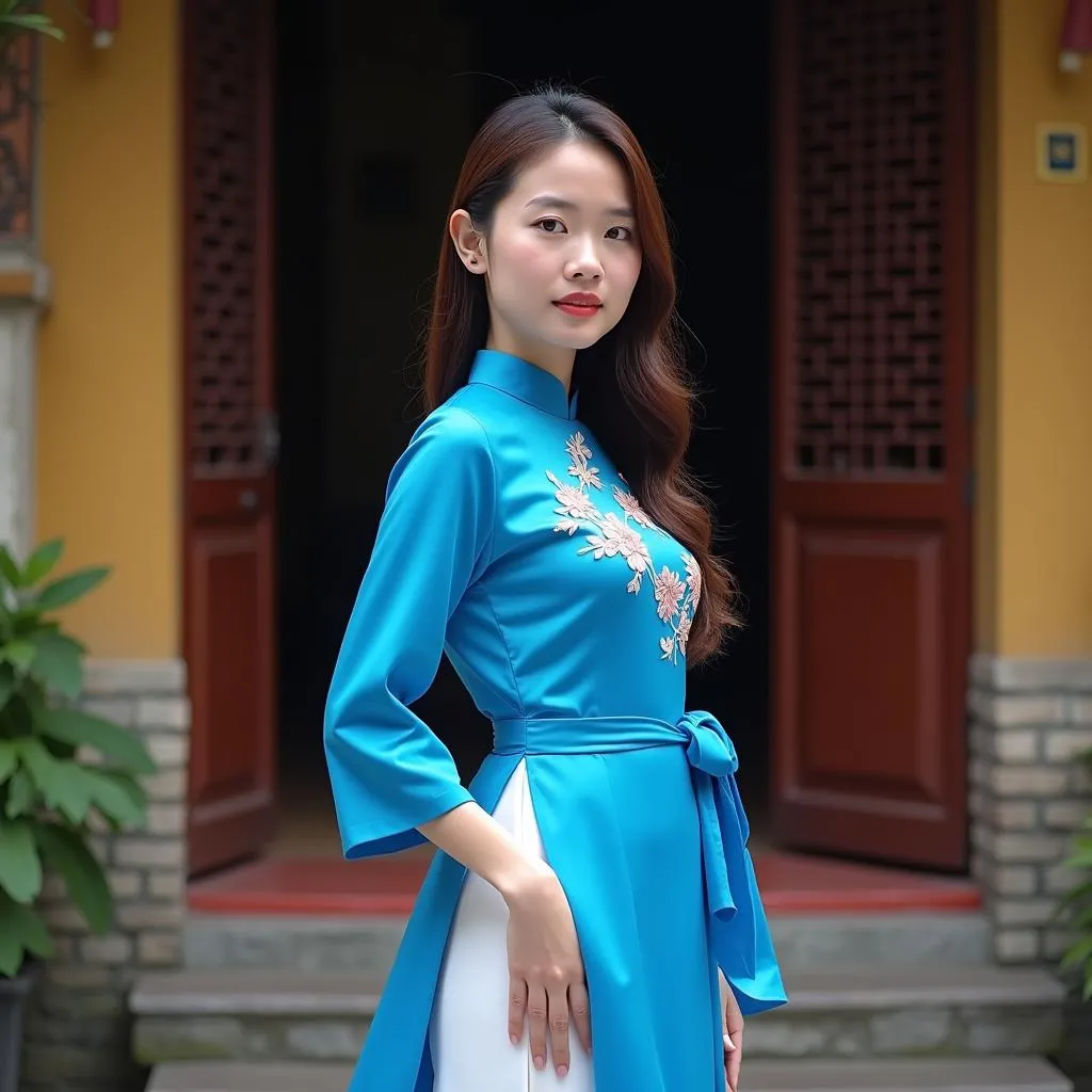 Woman wearing áo xoắn eo in Hanoi Old Quarter