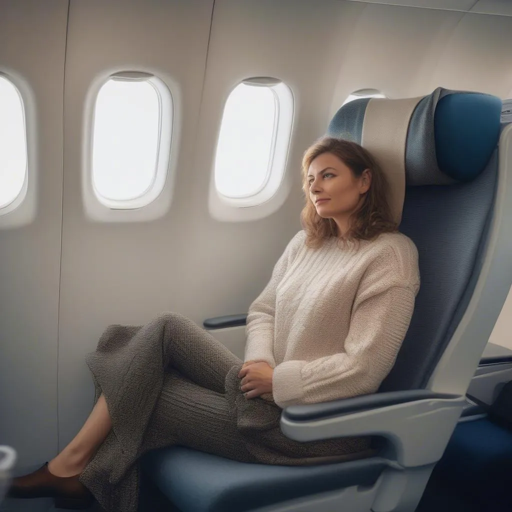 Woman wearing a sweater on an airplane